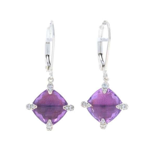 David Yurman Chatelaine Amethyst Diamond Earrings 925 Cushion Checkerboard - Picture 1 of 5
